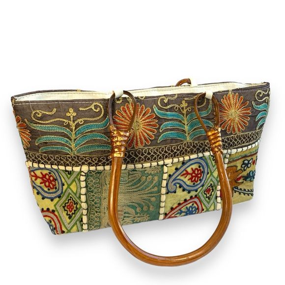 Handmade Embroidered Short Bag Wooden Handles Made In‎ India 404 - Picture 1 of 16